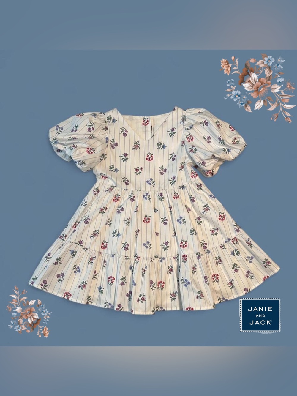 Janie and Jack Cream Floral Stripe Puff-Sleeve Dress with Red and Purple Flowers